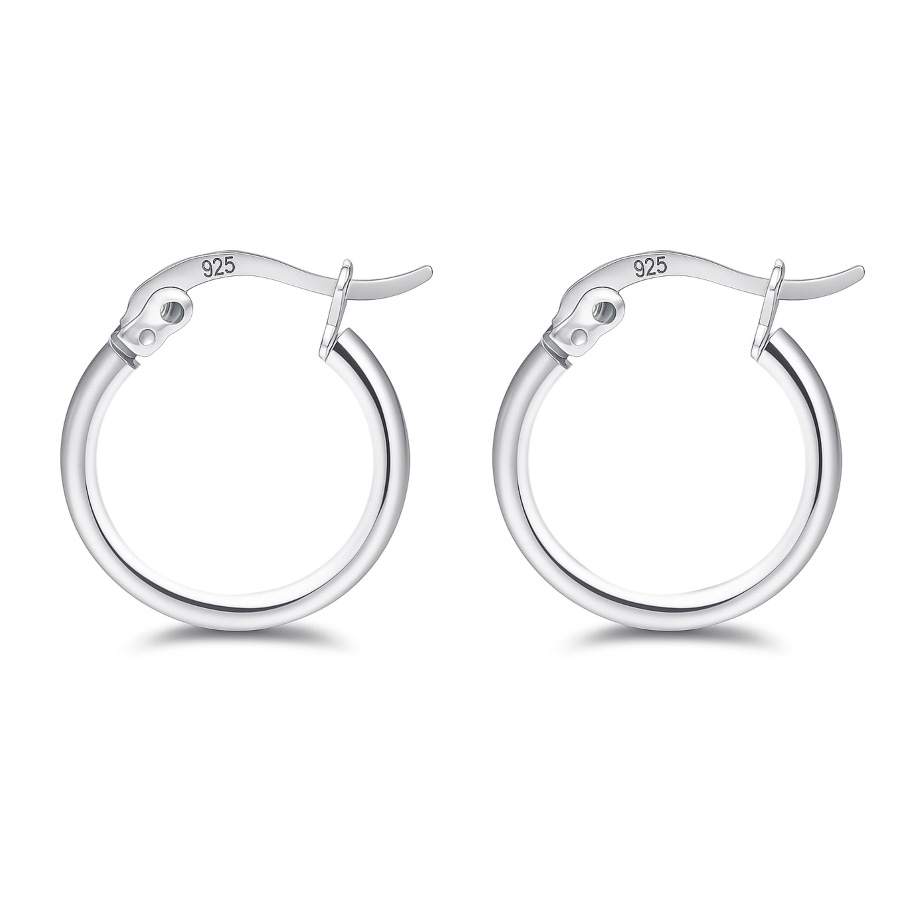 A pair of silver hoop earrings with lever-back closures, marked with \“925\“ indicating they are made of sterling silver.