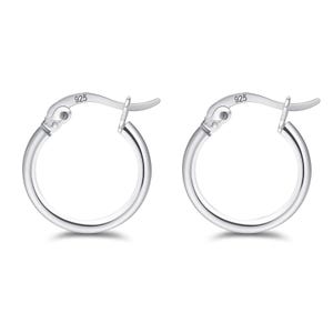 A pair of silver hoop earrings with lever-back closures, marked with \“925\“ indicating they are made of sterling silver.