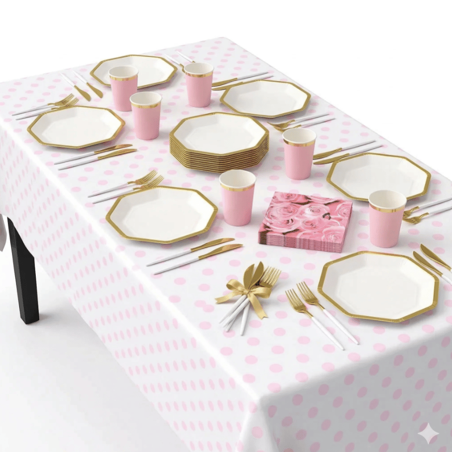 A table setting featuring pink polka dot tablecloth, gold-rimmed hexagonal plates, pink cups with gold rims, pink rose-patterned napkins, and gold cutlery tied with a bow.