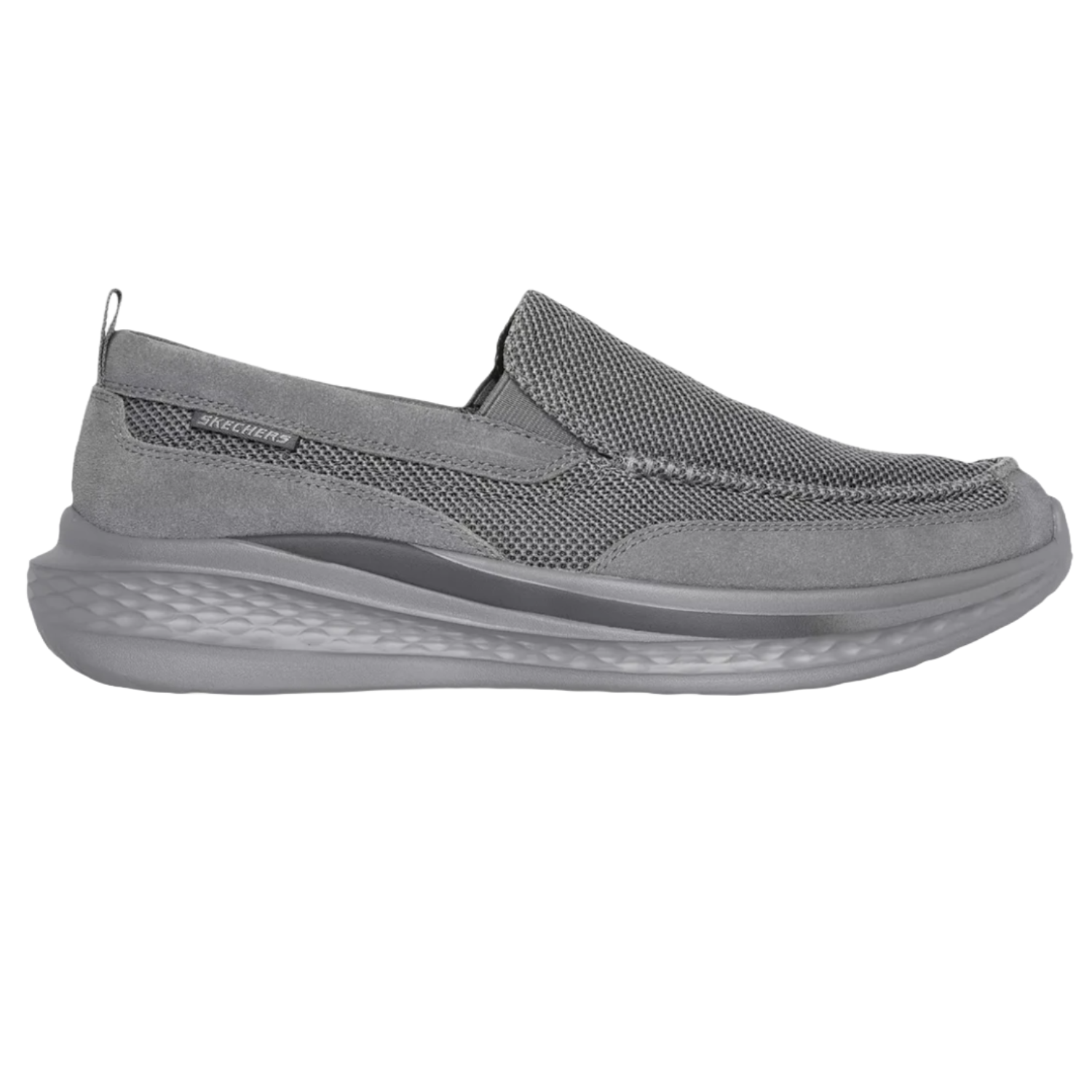 Grey Skechers Slade Munson Slip-Ons with mesh panels, a cushioned collar, and a textured, cushioned sole for comfort. The slip-on design ensures easy wear.