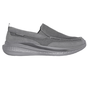 Grey Skechers Slade Munson Slip-Ons with mesh panels, a cushioned collar, and a textured, cushioned sole for comfort. The slip-on design ensures easy wear.