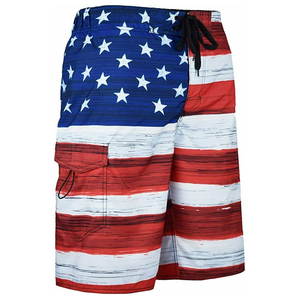 Men's swim trunks featuring an American flag design with stars and stripes, a drawstring waistband, and a cargo pocket.