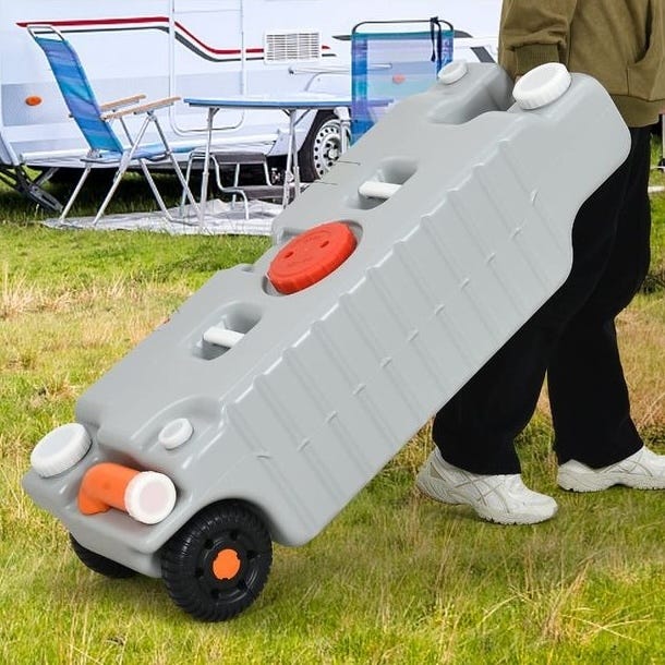 A portable gray water holding tank with wheels, designed for easy transportation, commonly used for collecting and disposing of wastewater from RVs or campers.