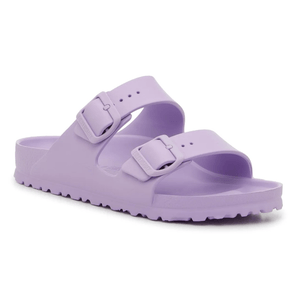 Lavender Birkenstock EVA sandals with two adjustable buckle straps, textured footbed, and slip-resistant sole, ideal for lightweight comfort and water-friendly wear.
