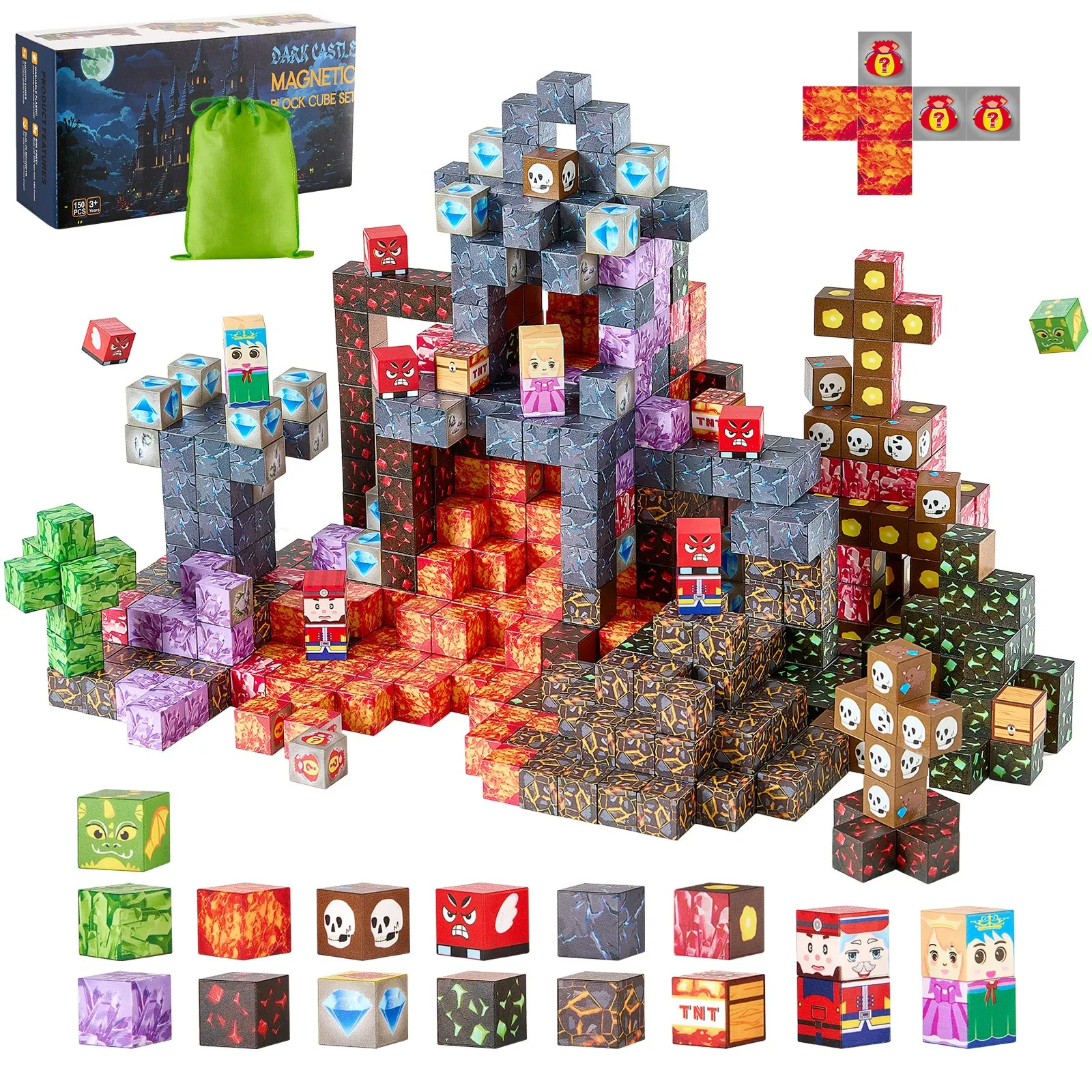 Magnetic block cube set themed as a dark castle with blocks featuring various designs like skulls, diamonds, and characters, including a carrying pouch.
