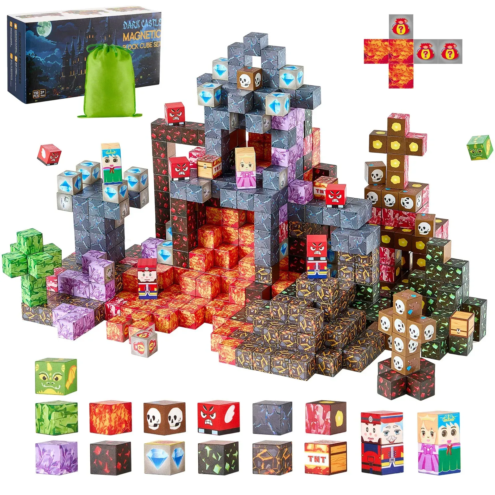 Magnetic block cube set themed as a dark castle with blocks featuring various designs like skulls, diamonds, and characters, including a carrying pouch.