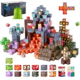 Magnetic block cube set themed as a dark castle with blocks featuring various designs like skulls, diamonds, and characters, including a carrying pouch.