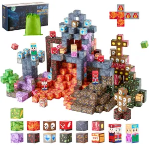 Magnetic block cube set themed as a dark castle with blocks featuring various designs like skulls, diamonds, and characters, including a carrying pouch.