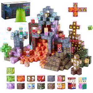 Magnetic block cube set themed as a dark castle with blocks featuring various designs like skulls, diamonds, and characters, including a carrying pouch.