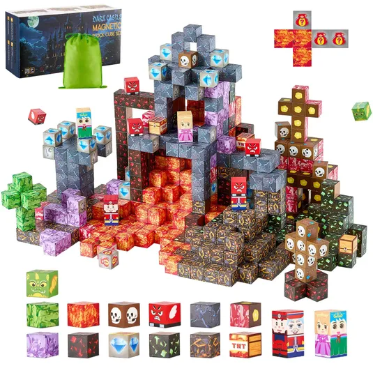 Magnetic block cube set themed as a dark castle with blocks featuring various designs like skulls, diamonds, and characters, including a carrying pouch.