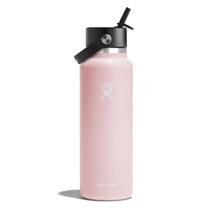 A pink Hydro Flask water bottle with a black lid and straw, featuring the brand's logo.