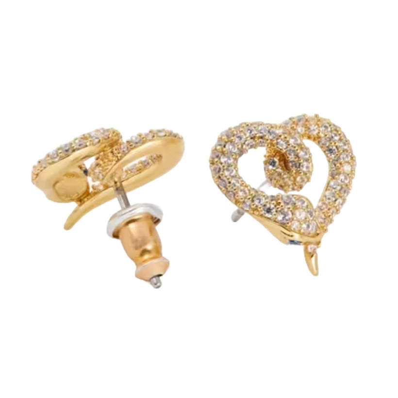 Gold-tone stud earrings shaped like hearts, detailed with an intertwining snake motif and encrusted with small sparkling gems; features a post back closure.