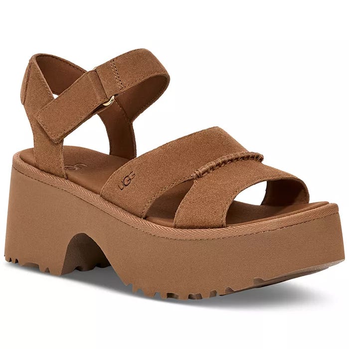 Brown suede platform sandal with adjustable straps and a chunky sole featuring a lug pattern for grip.