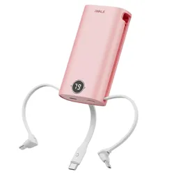 A pink iWALK portable charger with a digital display shows a 73% charge and includes built-in white cables with USB-C and Lightning connectors.