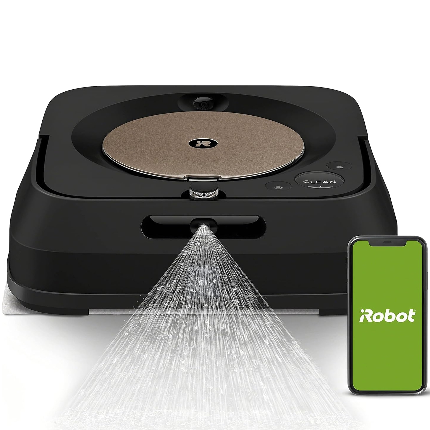 The iRobot Braava Jet Robot Mop is a smart, square-shaped cleaning device that sprays water to mop floors. It features a black design and is controlled via a smartphone app, as indicated by the phone showing the iRobot logo.