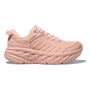 The Hoka Bondi SR Walking Shoe is a blush-toned sneaker with a thick, cushioned sole and textured detailing for enhanced comfort and support.