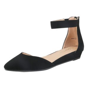 Black pointed-toe flat with an ankle strap and low wedge heel, featuring a sleek, minimalist design.