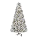 A frosted artificial Christmas tree with a full, conical shape, featuring pre-lit warm white lights and a sturdy metal stand.