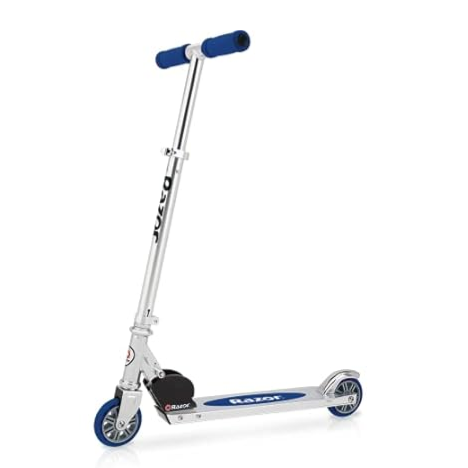 A Razor kick scooter featuring a foldable design, blue deck, and blue handle grips, built on a lightweight, adjustable aluminum frame with small blue wheels.