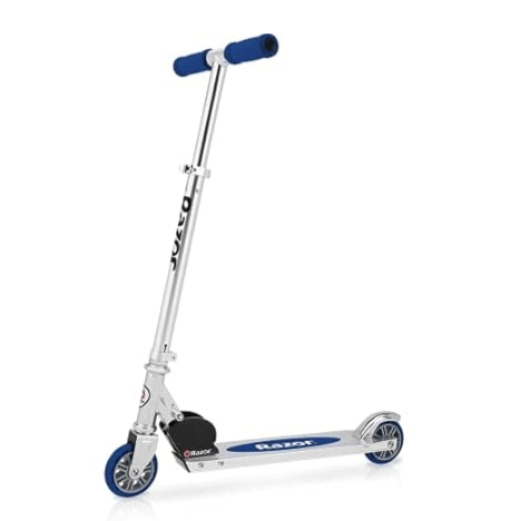 A Razor kick scooter featuring a foldable design, blue deck, and blue handle grips, built on a lightweight, adjustable aluminum frame with small blue wheels.
