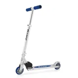 A Razor kick scooter featuring a foldable design, blue deck, and blue handle grips, built on a lightweight, adjustable aluminum frame with small blue wheels.