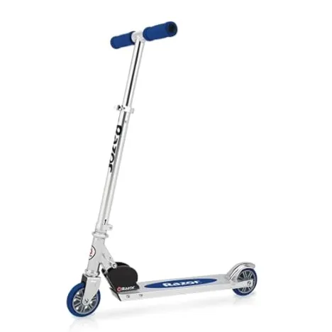 A Razor kick scooter featuring a foldable design, blue deck, and blue handle grips, built on a lightweight, adjustable aluminum frame with small blue wheels.