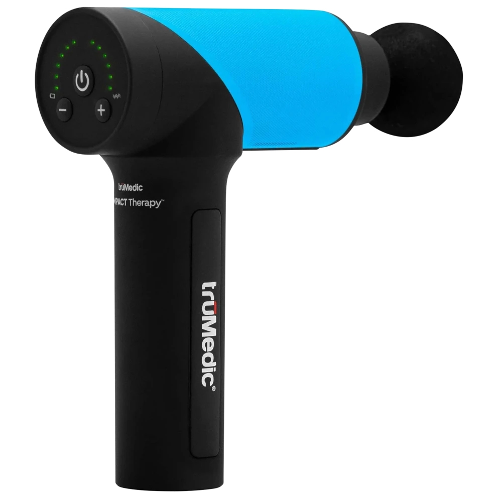 A TruMedic massage gun with a black and blue color scheme, featuring a rounded massage head, ergonomic handle, power and control buttons, and LED display for intensity levels. Ideal for muscle therapy and relaxation.