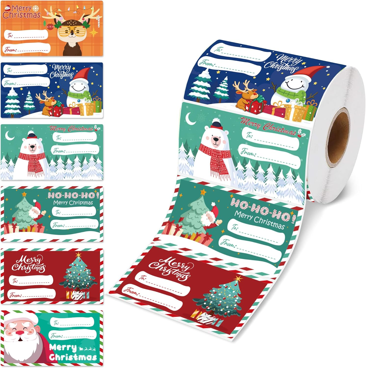 A roll of colorful Merry Christmas label stickers featuring designs with a reindeer, snowman, polar bear, Santa, and Christmas tree, each with \“To\“ and \“From\“ fields for gift labeling.