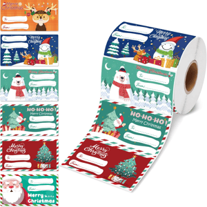 A roll of colorful Merry Christmas label stickers featuring designs with a reindeer, snowman, polar bear, Santa, and Christmas tree, each with \“To\“ and \“From\“ fields for gift labeling.