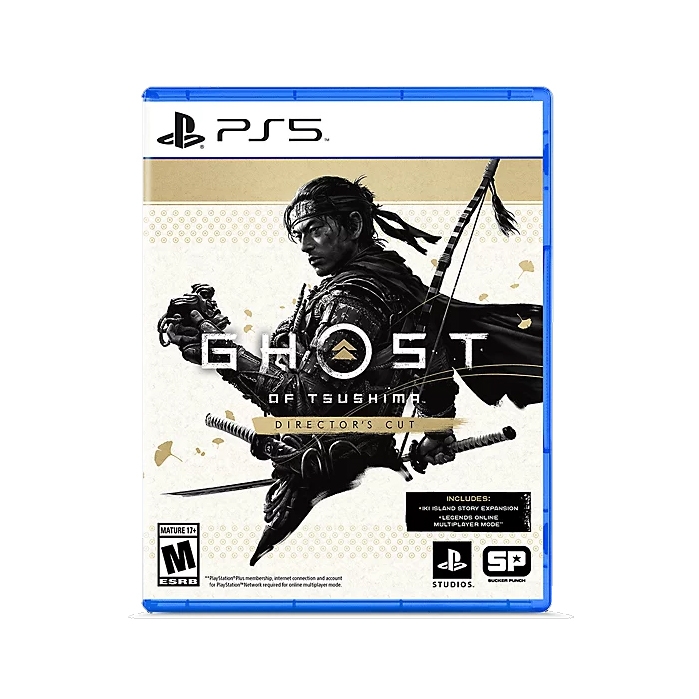 Ghost of Tsushima Director's Cut for PS5 includes the Iki Island story expansion, Legends online multiplayer mode, and enhanced graphics. It's rated M for mature audiences and is developed by Sucker Punch Productions.