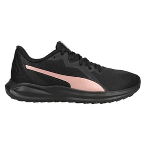 Black Puma Twitch Running Shoes with a breathable mesh upper feature a subtle pink Puma logo and a cushioned black sole for comfort.