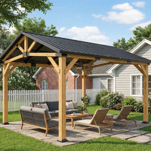 A wooden pergola with a dark roof covers outdoor seating, including a sofa, chairs, and a low table on a stone patio, set in a residential backyard.