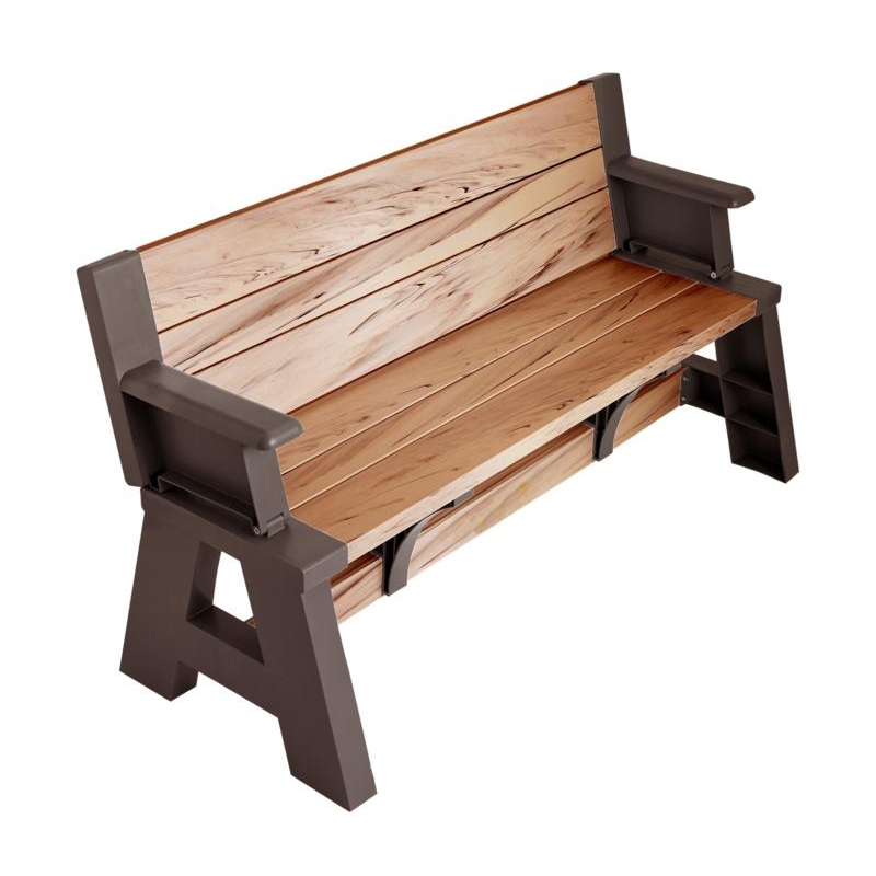 The Convert-A-Bench Table is a multifunctional piece that transforms from a bench into a picnic table, featuring a sturdy brown frame and light wood slats for seating and backrest.