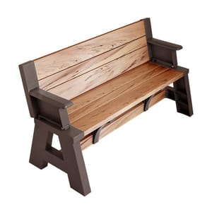 The Convert-A-Bench Table is a multifunctional piece that transforms from a bench into a picnic table, featuring a sturdy brown frame and light wood slats for seating and backrest.