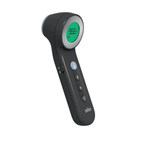 A non-contact forehead thermometer with a digital display showing 98.6°F, designed for quick temperature readings.