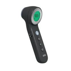 A non-contact forehead thermometer with a digital display showing 98.6°F, designed for quick temperature readings.