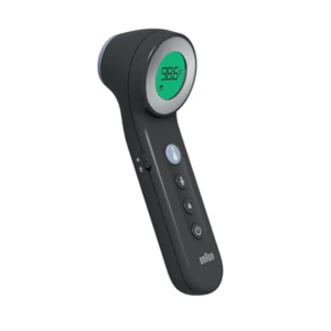 A non-contact forehead thermometer with a digital display showing 98.6°F, designed for quick temperature readings.