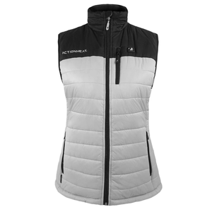 A gray and black heated vest with a front zipper and pockets, branded \“ActionHeat.\“