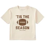 Cream-colored T-shirt featuring a football graphic with the text \“'Tis the Season\“ and \“Life Is Good\“ underneath.