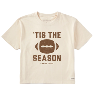 Cream-colored T-shirt featuring a football graphic with the text \“'Tis the Season\“ and \“Life Is Good\“ underneath.
