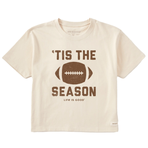 Cream-colored T-shirt featuring a football graphic with the text \“'Tis the Season\“ and \“Life Is Good\“ underneath.