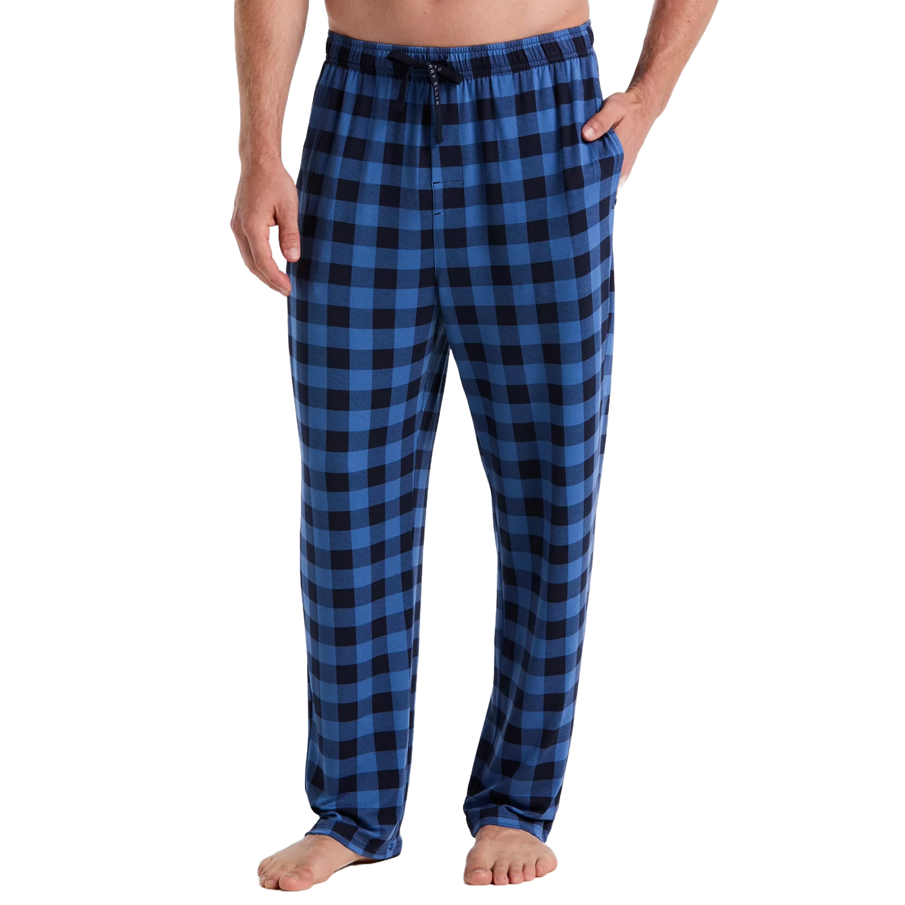 Blue and black checkered pajama pants with an elastic waistband and drawstring, featuring side pockets.