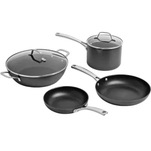 Cookware set with four pieces: a large saucepan with lid, a smaller pot with lid, and two frying pans, all in nonstick black finish with silver handles.