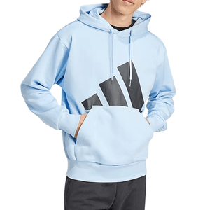 Light blue hoodie with a large black Adidas logo on the front, featuring a front pocket and drawstrings.