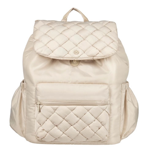 A beige quilted backpack with a flap closure, featuring a large front zip pocket and side pockets for additional storage.