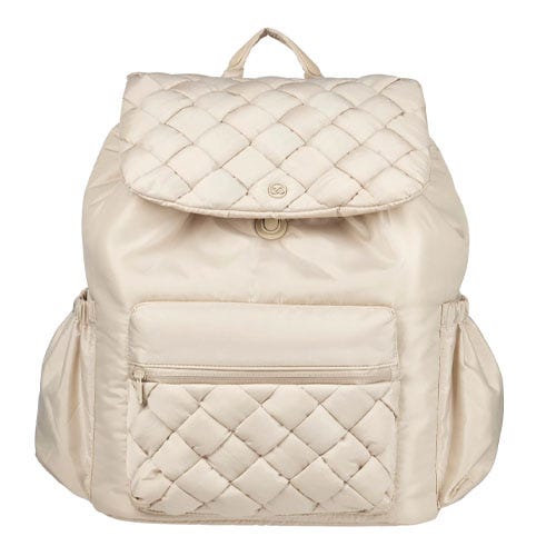 A beige quilted backpack with a flap closure, featuring a large front zip pocket and side pockets for additional storage.