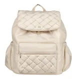 A beige quilted backpack with a flap closure, featuring a large front zip pocket and side pockets for additional storage.