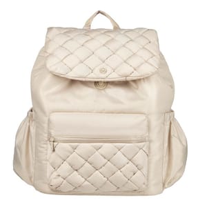 A beige quilted backpack with a flap closure, featuring a large front zip pocket and side pockets for additional storage.