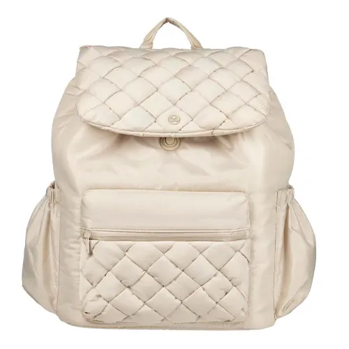 A beige quilted backpack with a flap closure, featuring a large front zip pocket and side pockets for additional storage.