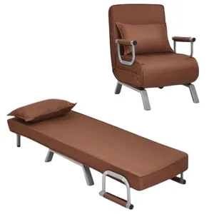 A multifunctional brown chair that converts into a single bed, featuring metal armrests and legs, with a matching pillow.